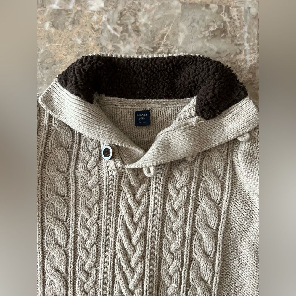 BabyGap, brown/beige sweater, elbow patches, button/hook closure, cable knit, 3 - Picture 7 of 10